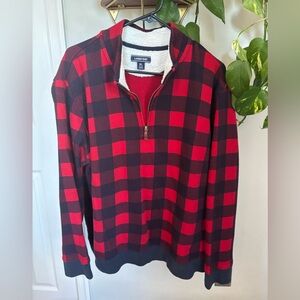 Lands End XL Plaid Quarter Zip Sweater with Fleece Collar EUC